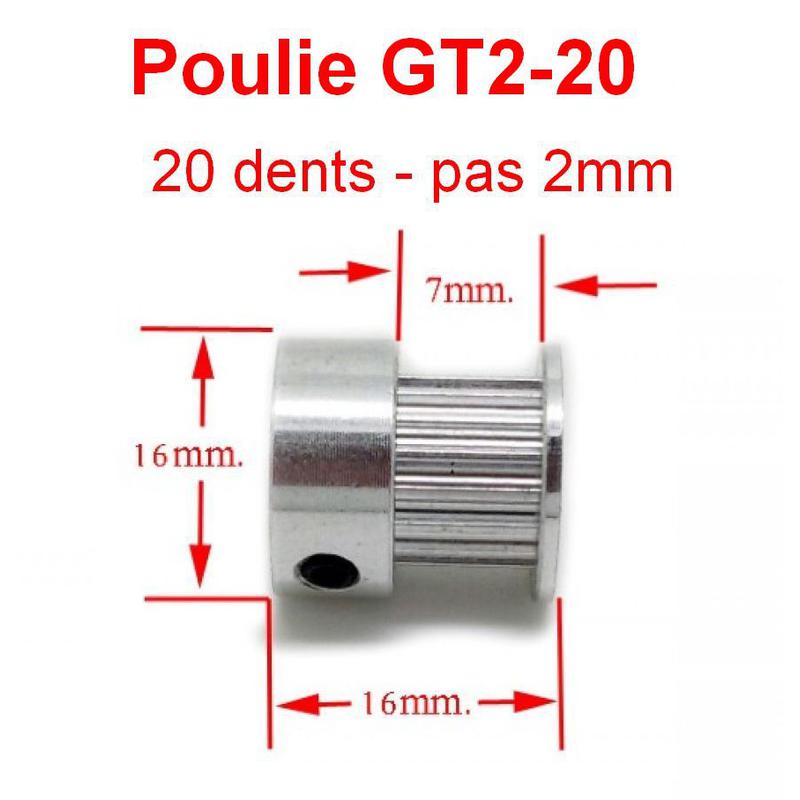 GT2-20 - Poulie 20 dents en Aluminium, pour axe de 5mm
