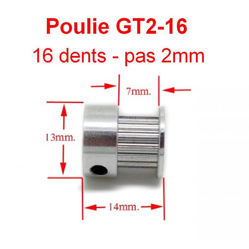 GT2-16 - Poulie 16 dents en Aluminium, pour axe de 5mm